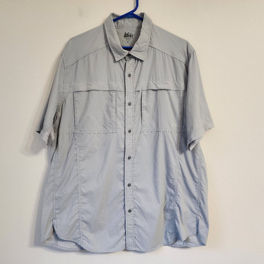 REI Men Sahara Button Down Shirt XL Grey Vent Pocket Nylon Blend Fishing Outdoor